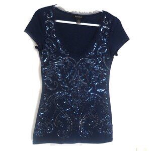 White House Black Market Bedazzled Blue Sequin Short Sleeve Sparkle Top Size XXS